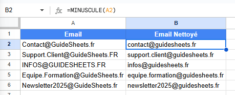 Exemple dans Google Sheets de nettoyage d'adresses e-mail avec la fonction MINUSCULE : transformation de Contact@GuideSheets.fr en contact@guidesheets.fr