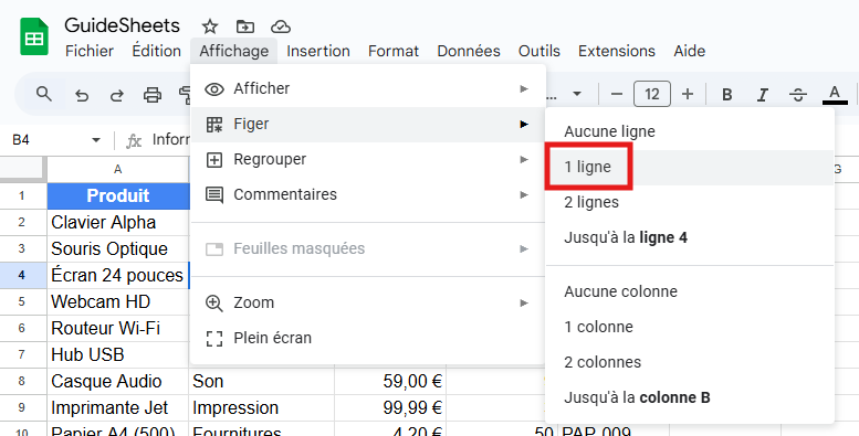 Capture d'écran de Google Sheets montrant le menu Affichage > Figer avec l'option "1 ligne" sélectionnée pour figer la première ligne du tableau