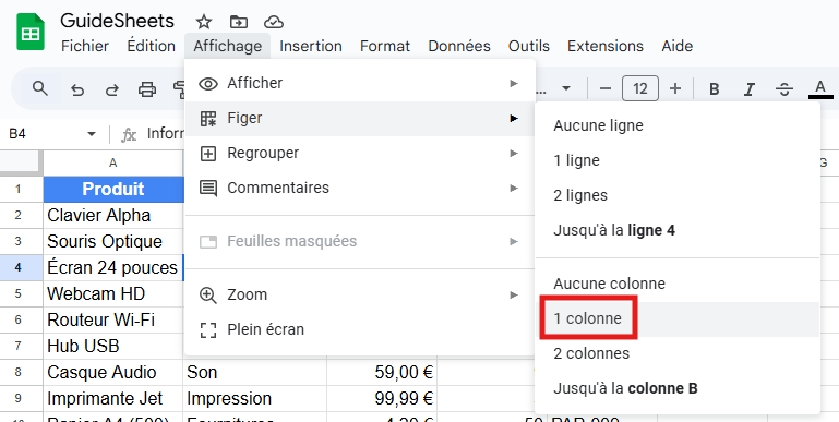 Capture d'écran de Google Sheets avec le menu Affichage ouvert, illustrant l'option "1 colonne" pour figer la première colonne