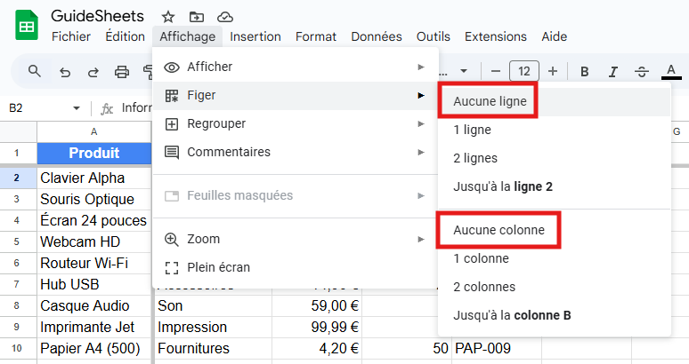 Capture d'écran de Google Sheets montrant le menu Affichage > Figer avec les options "Aucune ligne" et "Aucune colonne" sélectionnées pour désactiver les lignes et colonnes figées.