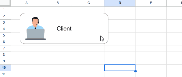 Démonstration du redimensionnement et du déplacement d'une forme avec image et texte "Client" insérée dans une feuille Google Sheets