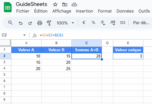 Utilisation de référence absolue avec le symbole dollar dans une formule Google Sheets