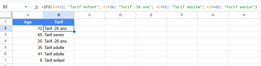 Exemple de fonction IFS dans Google Sheets pour attribuer un tarif selon l'âge : enfant, -26 ans, adulte ou senior.
