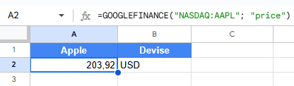Extrait d’un tableau Google Sheets utilisant la formule =GOOGLEFINANCE("NASDAQ:AAPL", "price") pour récupérer le cours de l’action Apple, affiché à 203,92 USD.