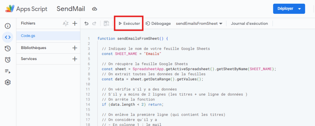 Capture d’écran de l’éditeur Google Apps Script montrant un script nommé sendEmailsFromSheet et le bouton "Exécuter" mis en évidence pour lancer le script d’envoi d’emails depuis une feuille Google Sheets