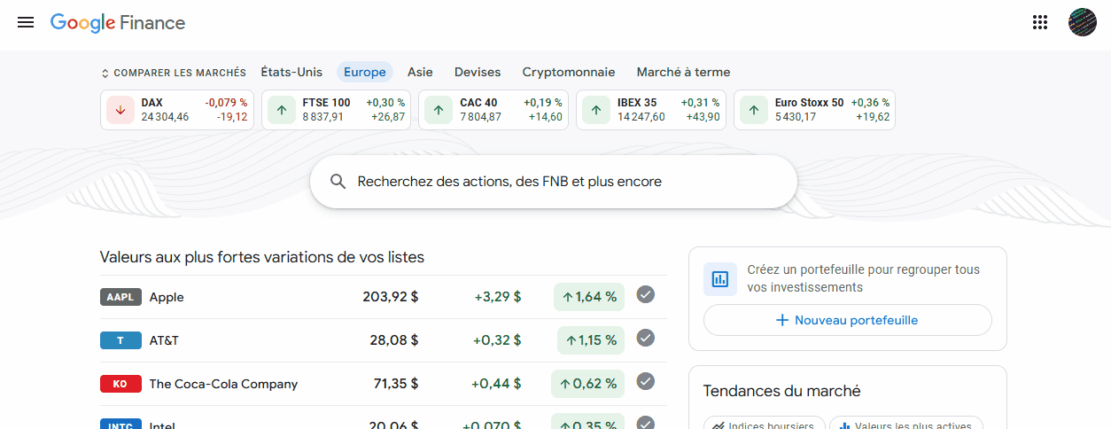 Démonstration de recheche dans Google Finance pour trouver le ticker d'une action.
